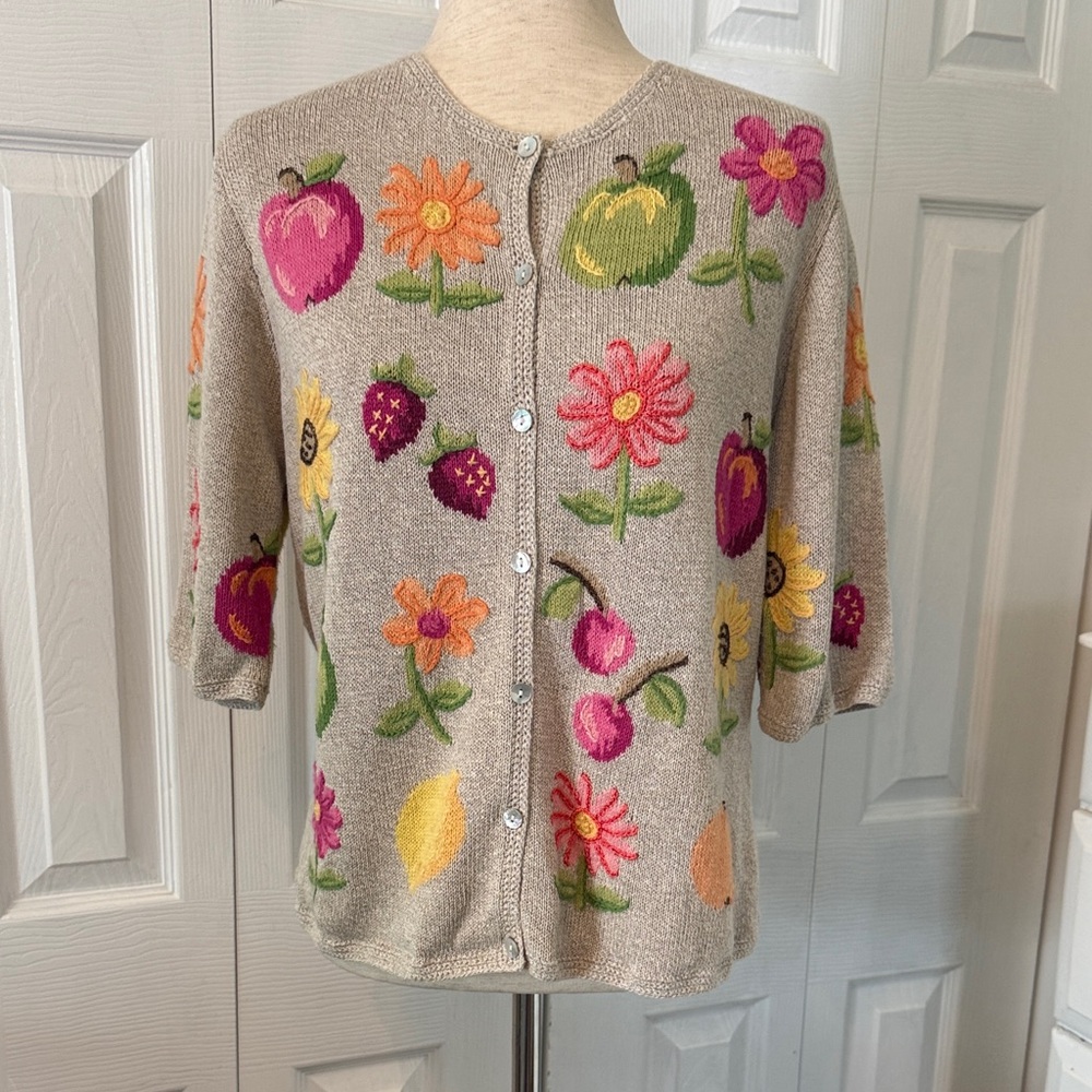 Floral & Fruit Embroidered Beige Cardigan Sweater